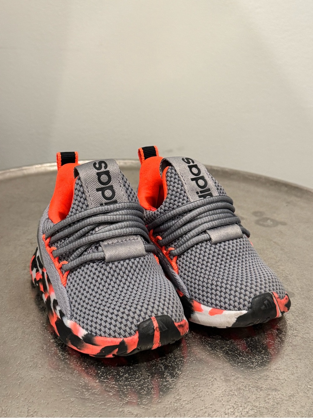 NWOT: adidas Kids Gray Knit Sneakers with Bright Orange Accents